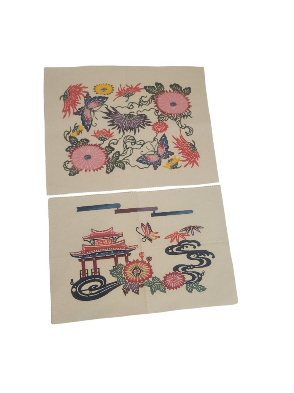 2 Vtg Okinawa Bingata Stencil-Dyed Canvas Souvenir Art Colorful Floral & Pagoda
